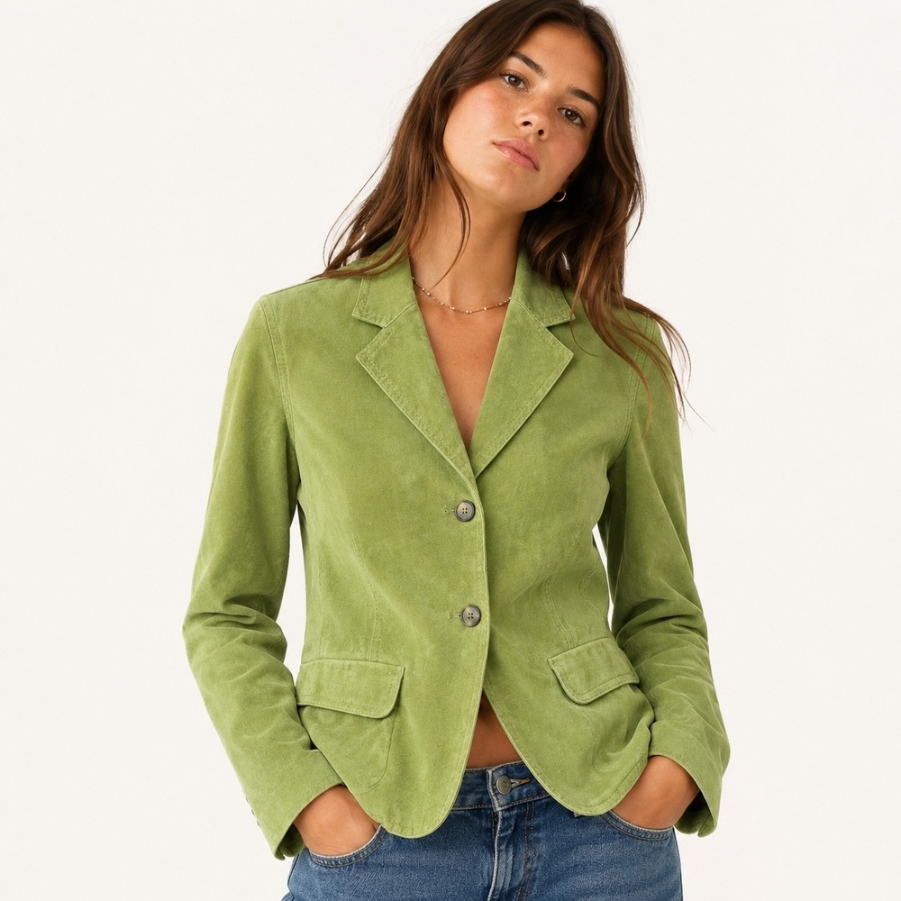 Vintage Y2K Anne Klein Lime Green Genuine Leather Suede Blazer Jacket XL